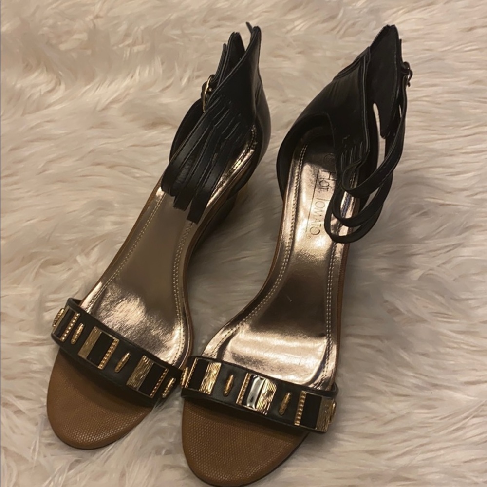 BLACK and GOLD ANKLE STAP WEDGE HEELS